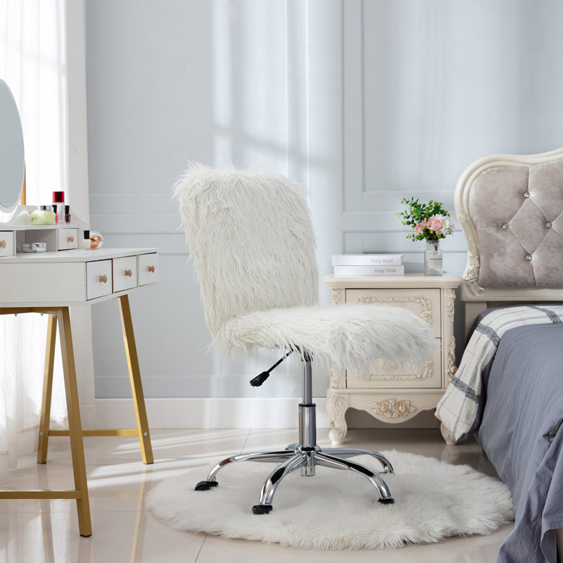 Mercer41 Cute Fluffy White Faux Fur Makeup Vanity Chair With Metal Base